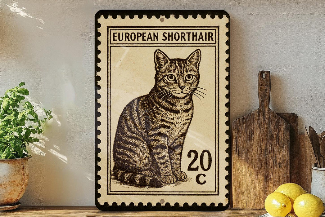 A framed European Shorthair cat stamp is displayed on a shelf, surrounded by kitchen utensils and a potted plant.