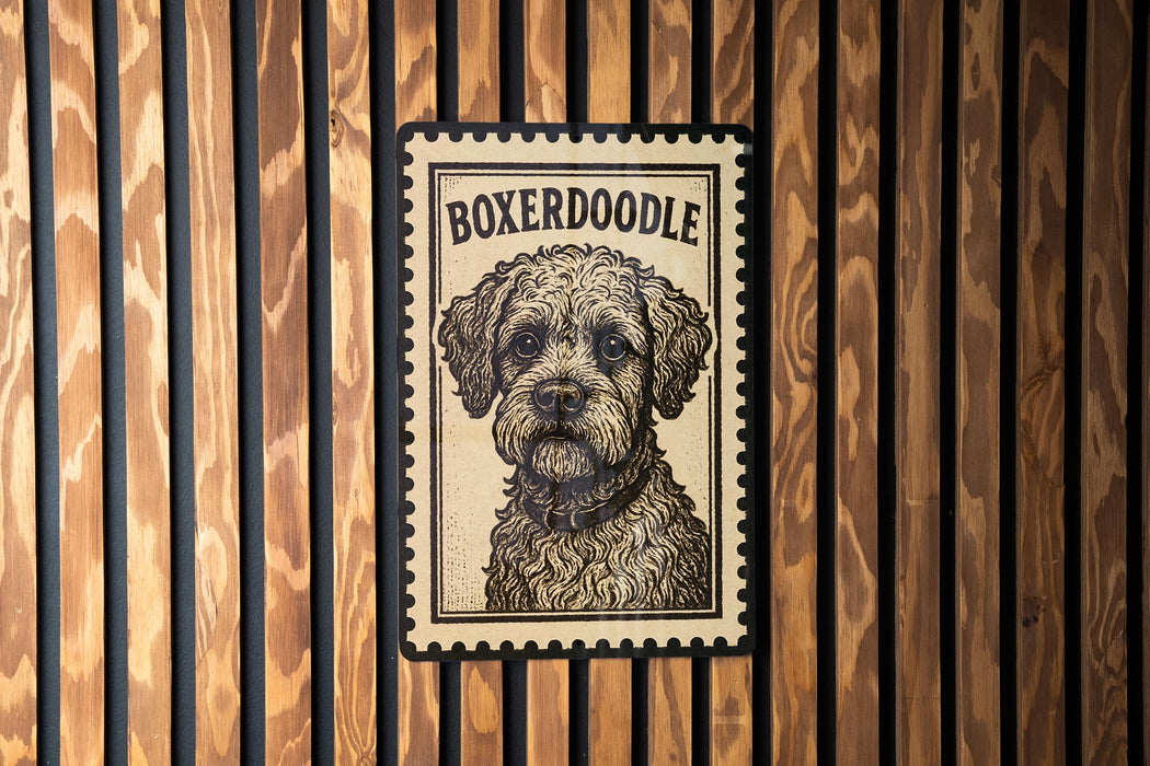A framed image of a Boxeroodle dog is displayed on a wooden wall.