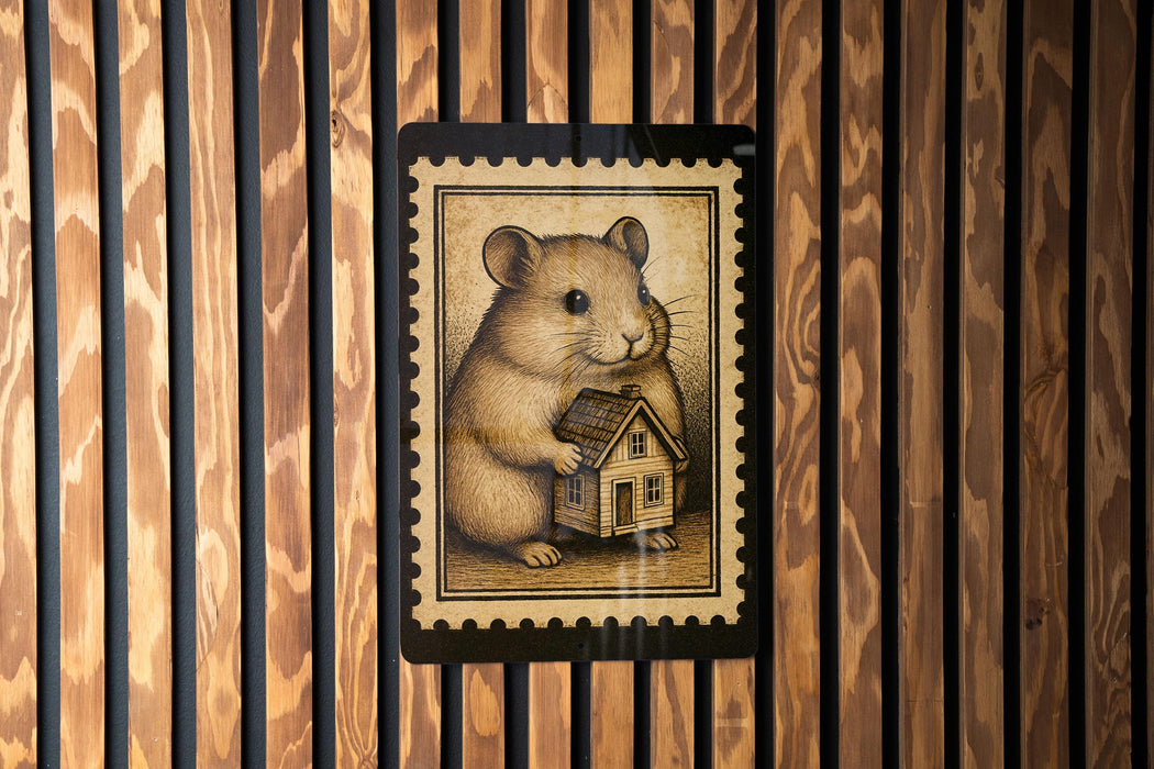 A wooden wall with a framed illustration of a hamster holding a small house.