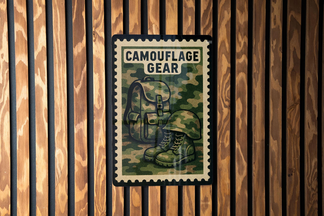 A poster with a camouflage pattern and a backpack is displayed on a wooden wall.