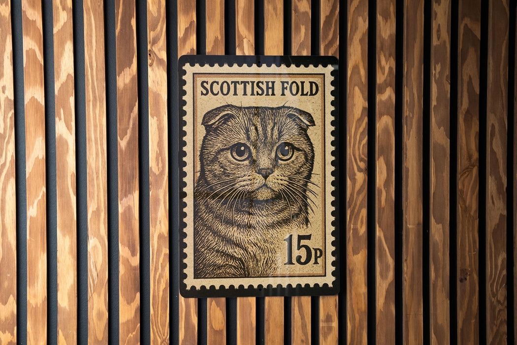 A black and white cat stamp with the text "SCOTTISH FOLD" and "15p" printed on it, mounted on a wooden wall.