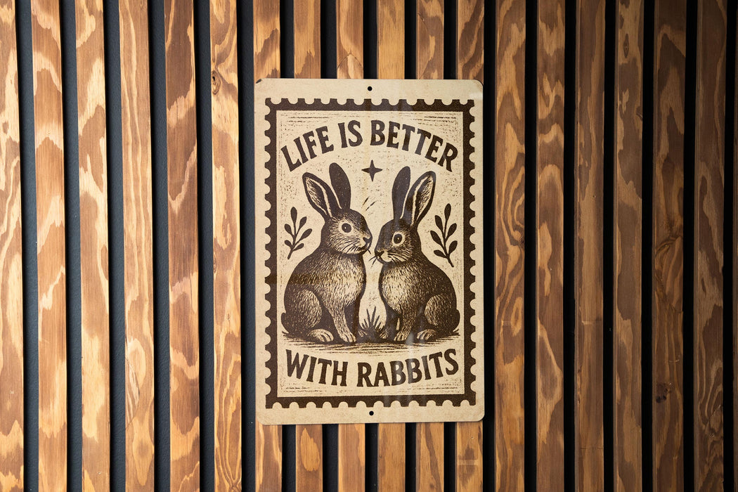 a sign with the text "Life is better with rabbits" and an illustration of two rabbits sitting together.