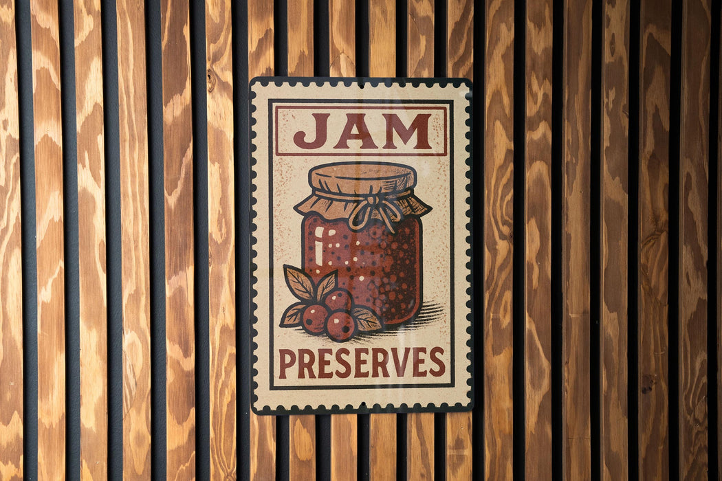 A vintage-style metal sign with the text "JAM PRESERVES" and an illustration of a jar of jam, mounted on a wooden wall.