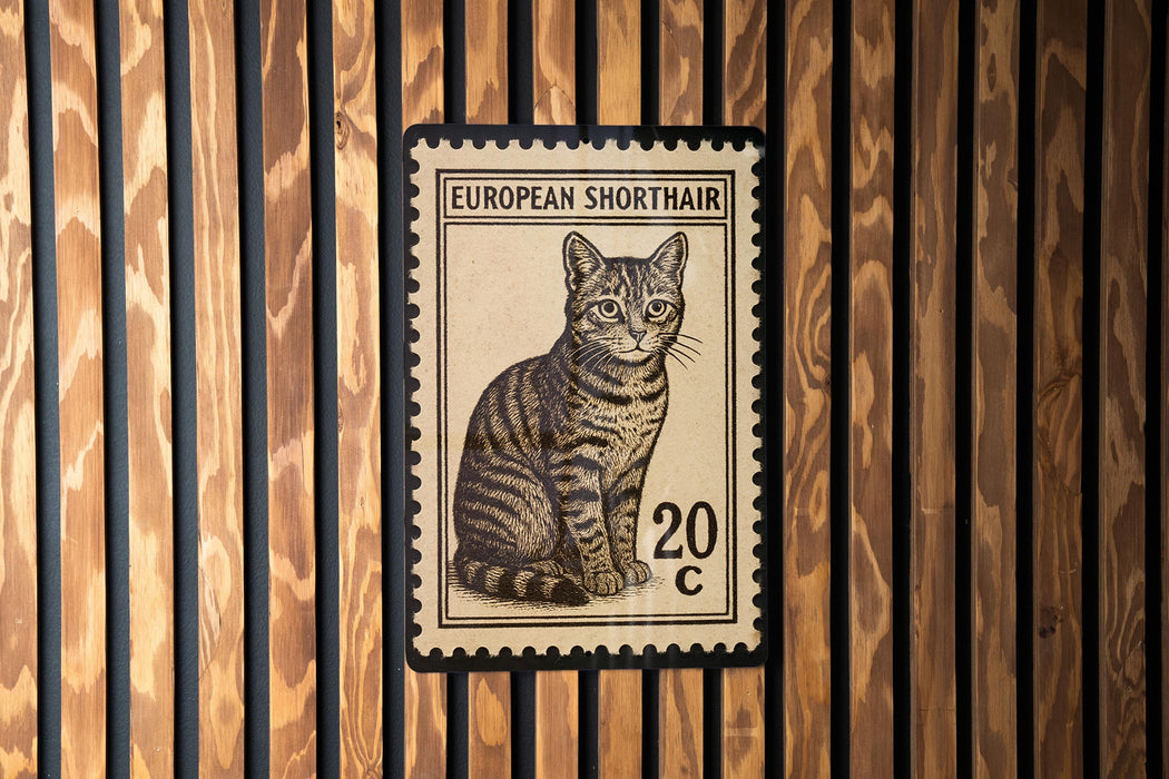 A European Shorthair cat stamp is displayed on a wooden wall.