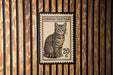 A European Shorthair cat stamp is displayed on a wooden wall.