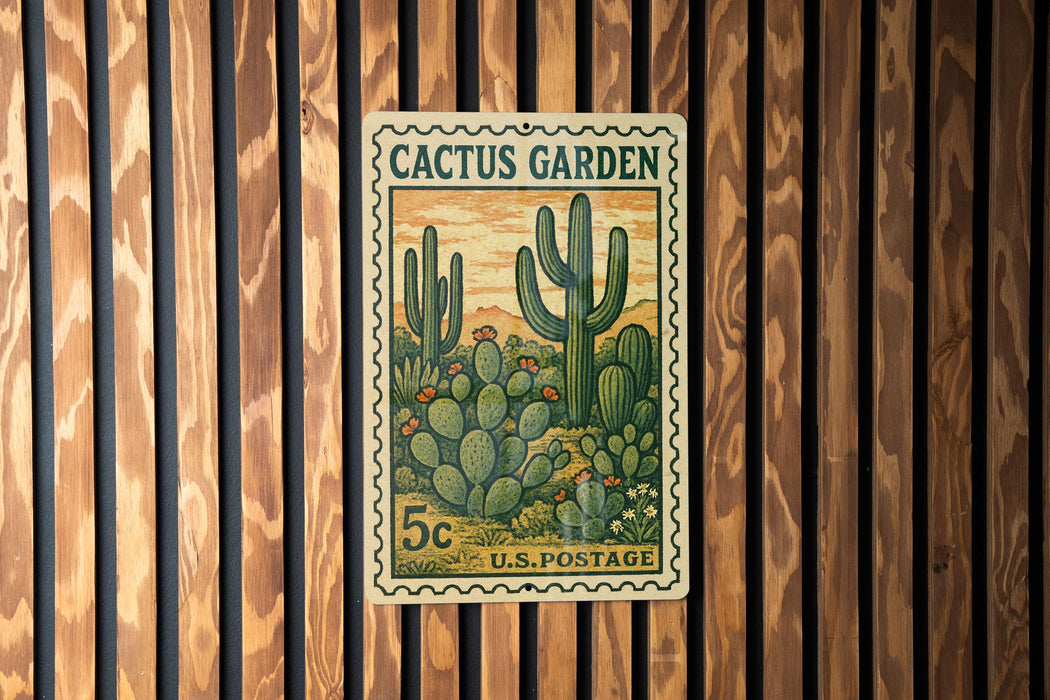 A vintage U.S. postage stamp featuring a cactus garden design, mounted on a wooden wall.