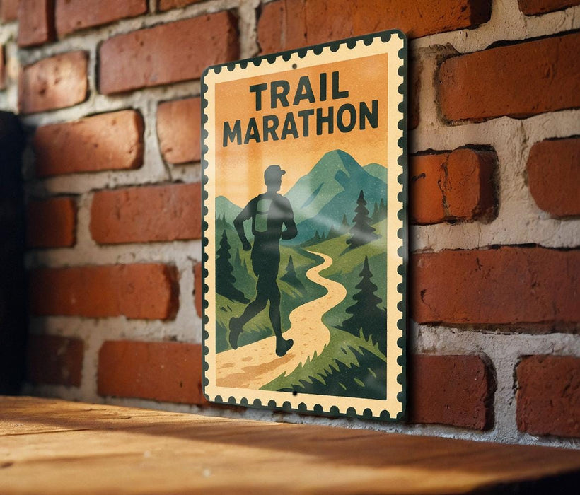 A vintage-style metal sign with a silhouette of a runner and a mountain landscape, mounted on a brick wall.