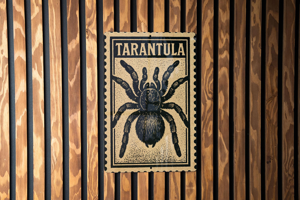 A poster of a tarantula is displayed on a wooden wall.