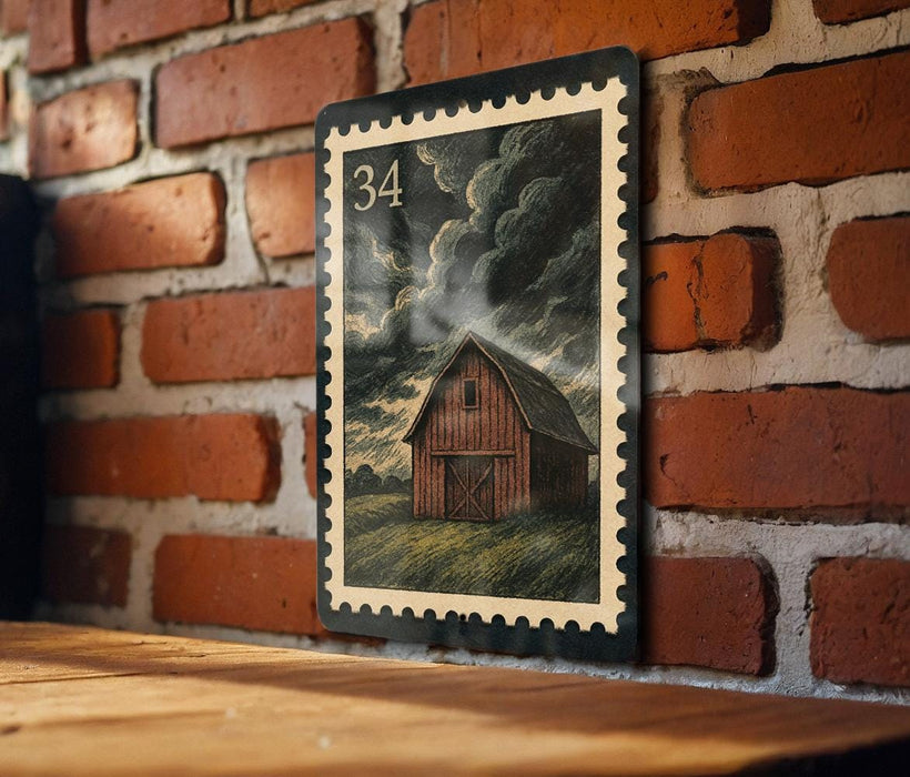 A framed illustration of a red barn is displayed on a brick wall, with a black border and the number 34 printed on the top left corner of the frame.