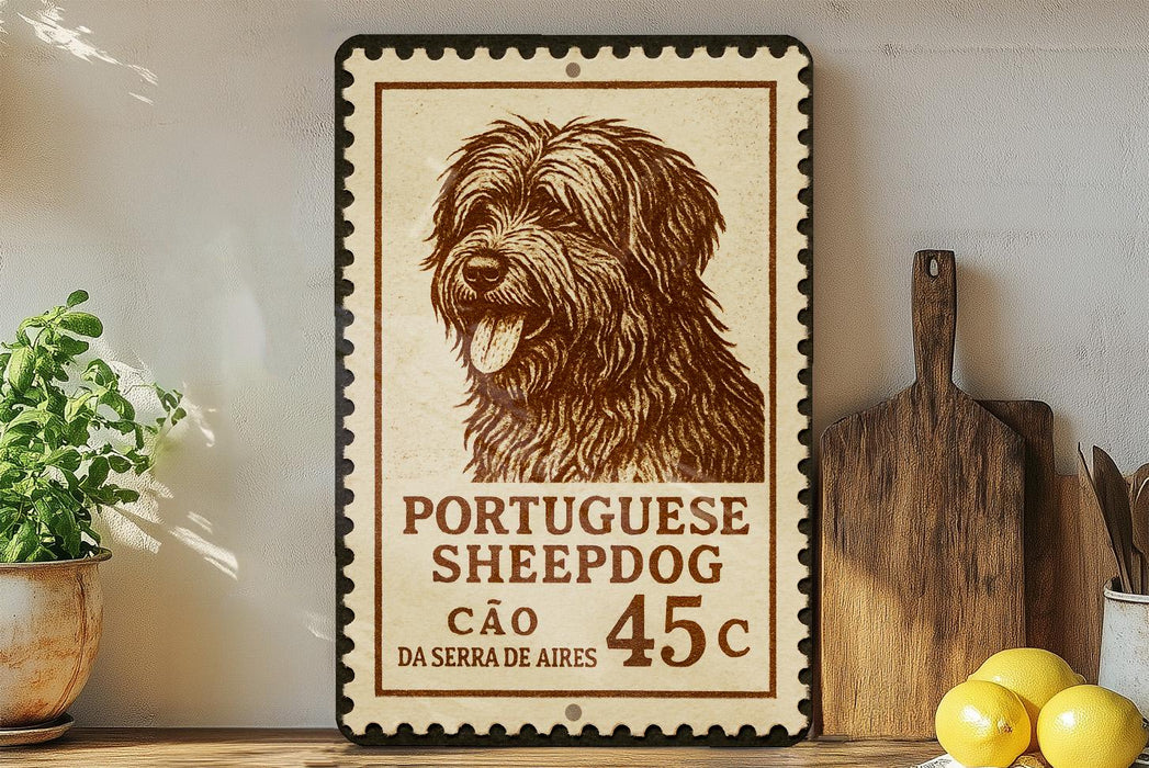 a Portuguese Sheepad Dog stamp, which is a type of postage stamp that is used to send letters or parcels. The stamp is placed on a shelf next to a wooden cutting board and some lemons.