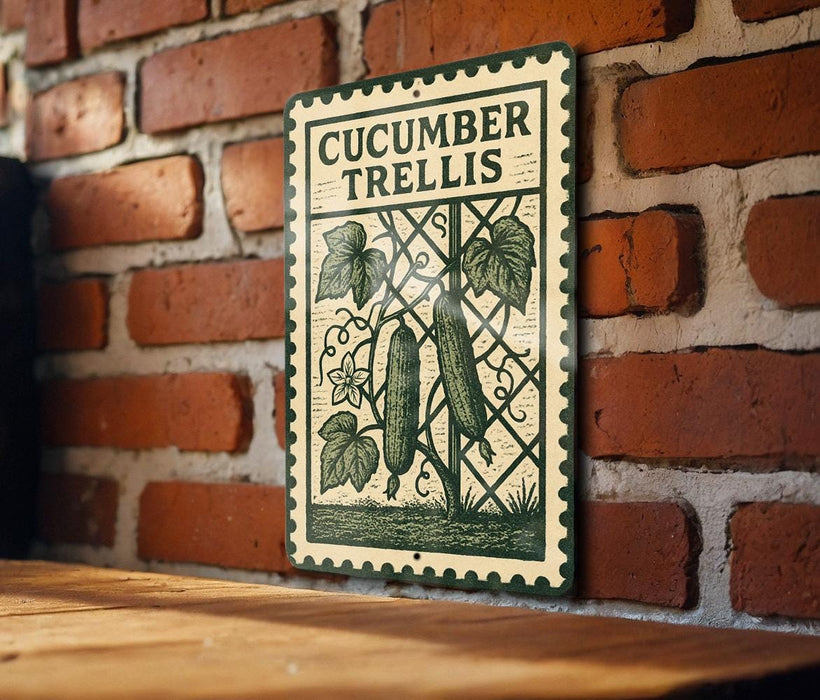 A metal sign with the text "CUCUMBER TRELLIS" is hanging on a brick wall, with a wooden table below it.