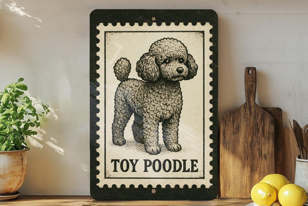 A framed illustration of a toy poodle is displayed on a shelf, accompanied by a wooden cutting board, a potted plant, and some lemons.