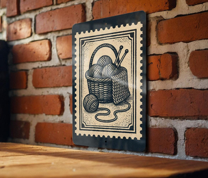 A metal sign with a black and white illustration of a basket filled with yarn and knitting needles is mounted on a brick wall.