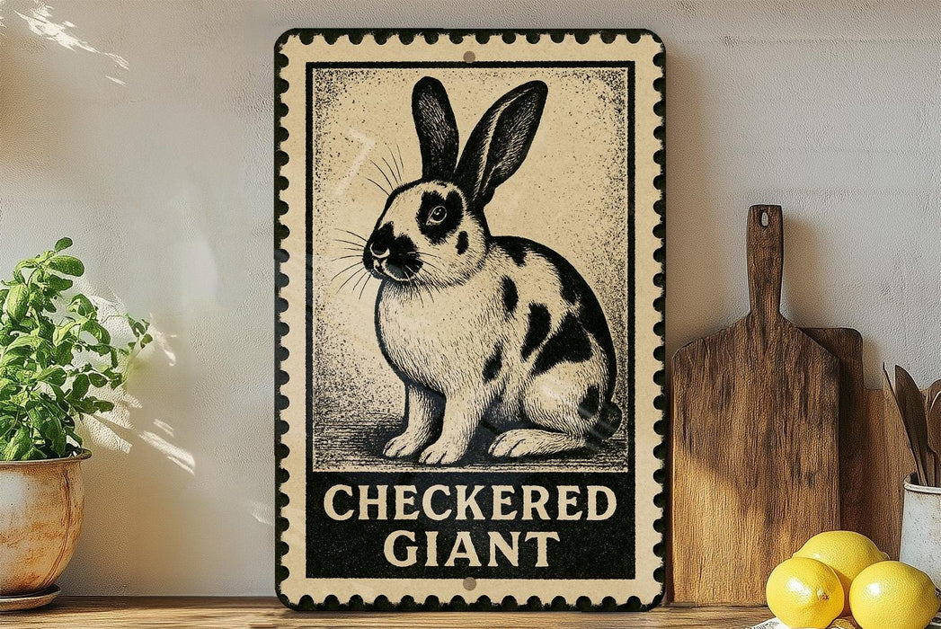 A decorative metal sign featuring a black and white illustration of a rabbit, with the text "CHECKERED GIANT" below it. The sign is placed on a wooden shelf, with a potted plant, a wooden cutting board, and some lemons nearby.
