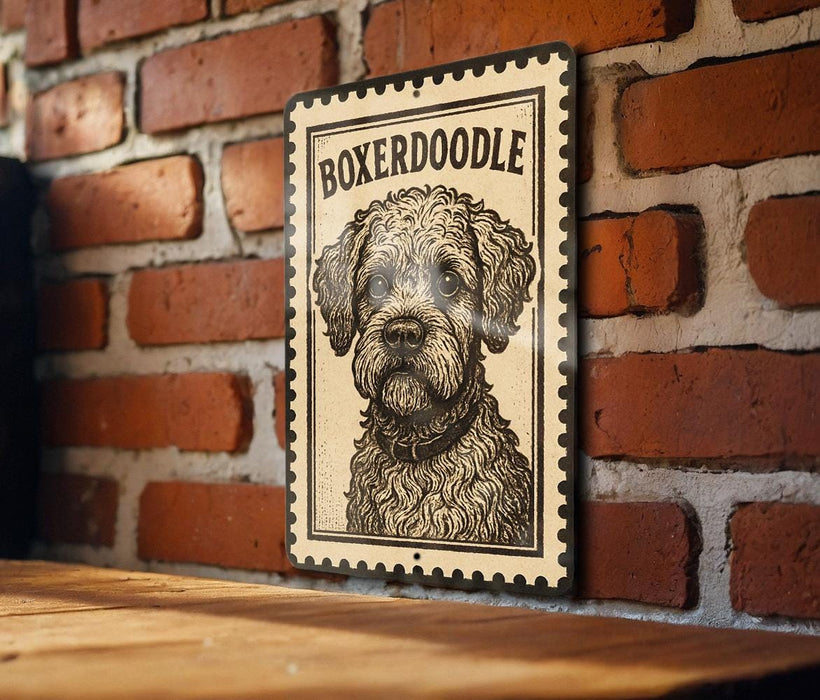 A sign featuring a black and white illustration of a Boxeroodle dog is mounted on a brick wall.
