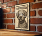A sign featuring a black and white illustration of a Boxeroodle dog is mounted on a brick wall.