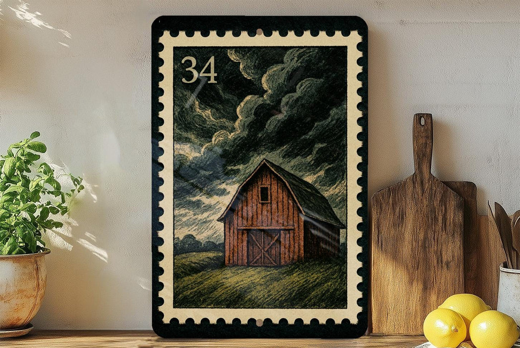 A framed illustration of a wooden barn with a stormy sky in the background, placed on a shelf next to a wooden cutting board and a potted plant.