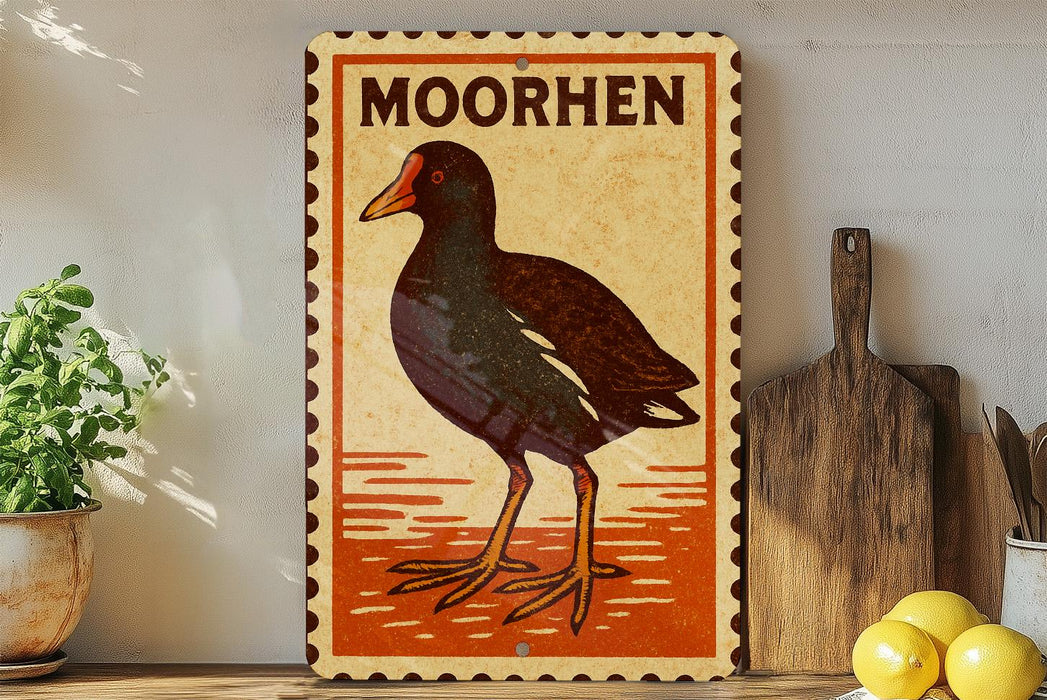a vintage-style metal sign with a bird illustration, placed on a wooden surface next to a wooden cutting board and some lemons.