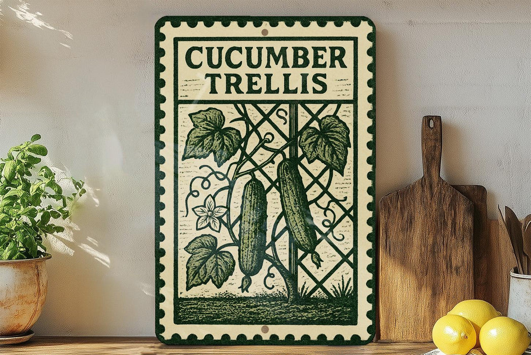 a decorative sign with a cucumber trellis design, placed on a wooden shelf next to a potted plant and a wooden cutting board.