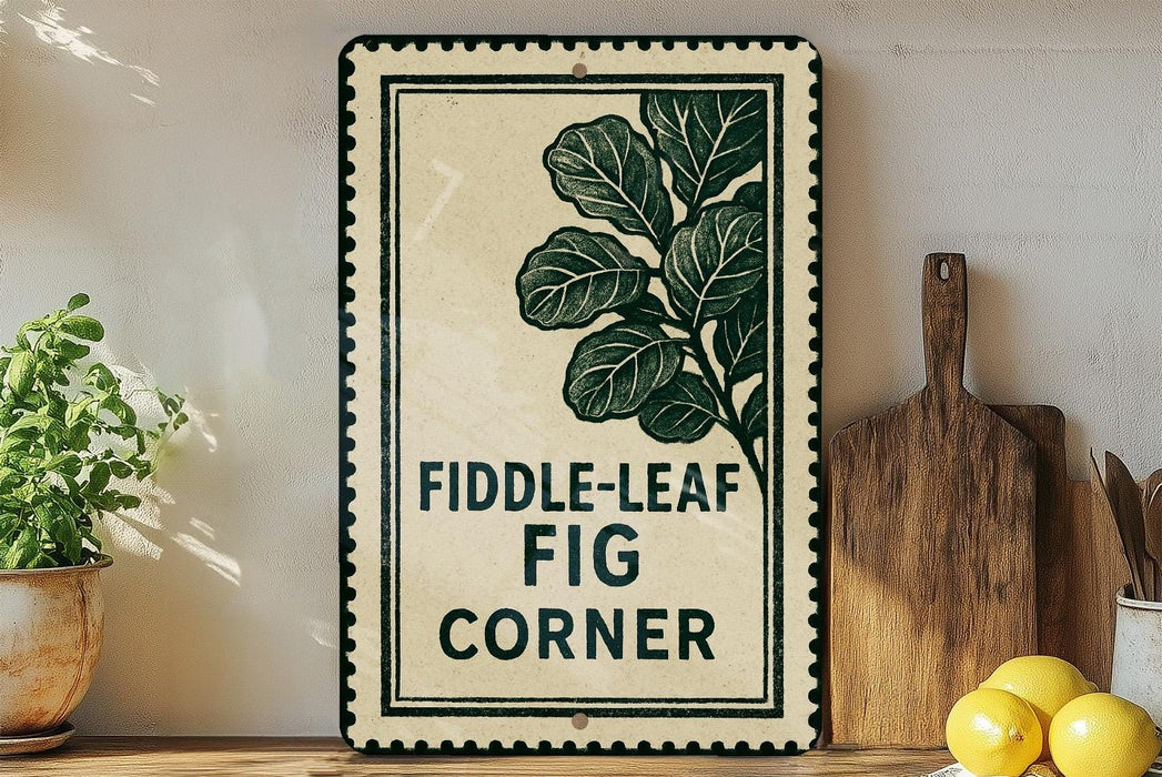 a sign with the text "FIDDLE-LEAF FIG CORNER" and a decorative leaf design, placed on a shelf next to a wooden cutting board and some potted plants.