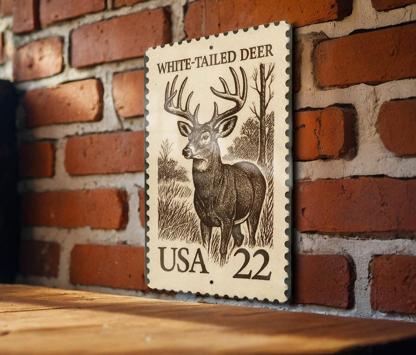 A wooden table with a wooden border, and a framed image of a deer on the wall next to it.
