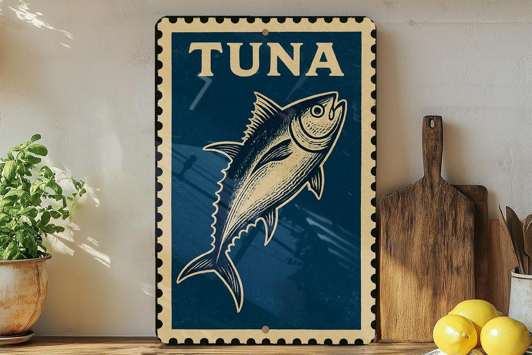 A blue and white sign with a fish illustration, placed on a wooden surface next to a wooden cutting board and some lemons.