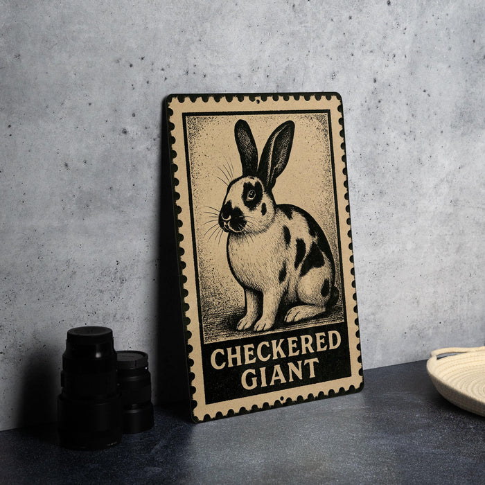 A metal sign with a black and white illustration of a rabbit, labeled "CHECKERED GIANT", is displayed on a table next to some black camera lenses.