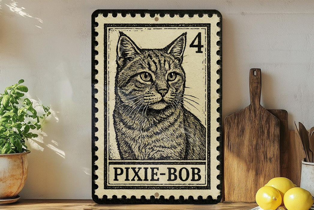 A framed illustration of a cat, resembling a postage stamp, is displayed on a shelf next to a wooden cutting board and some lemons.