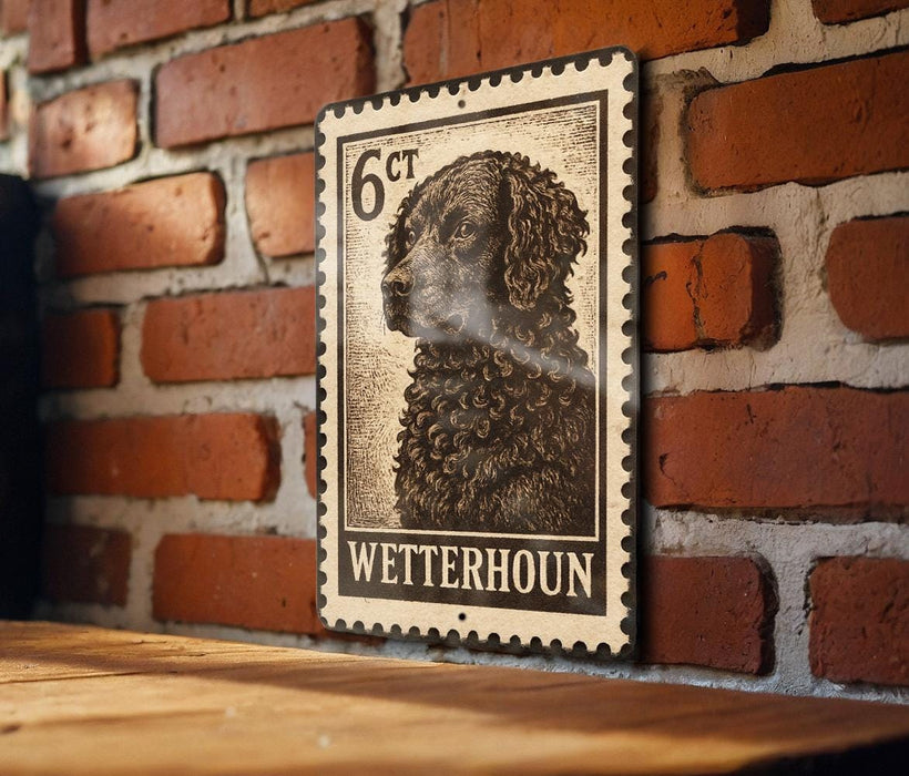 A metal sign featuring a black and white illustration of a dog's head, mounted on a brick wall.