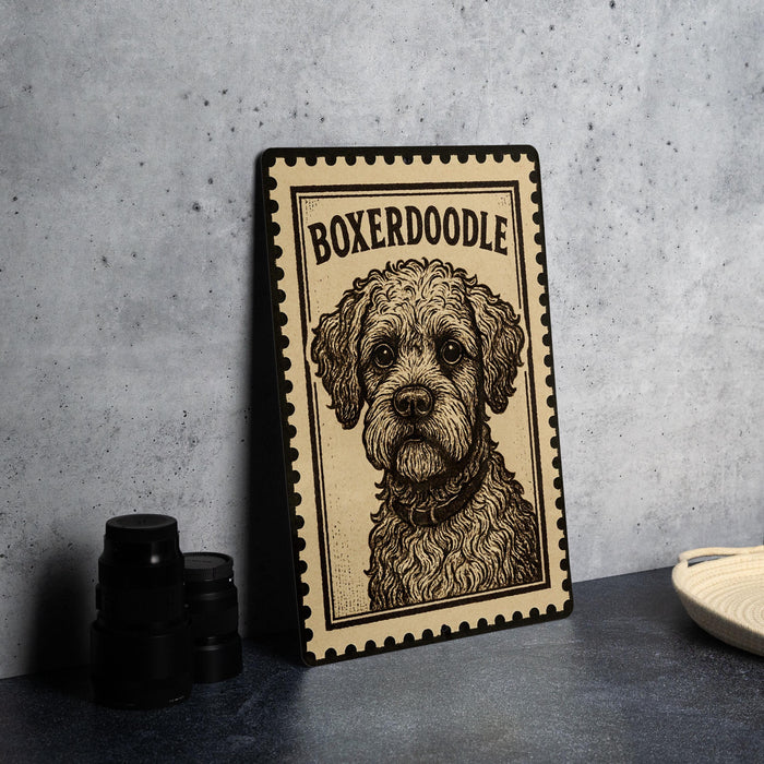 A framed illustration of a Boxeroodle dog is displayed on a table, with a stack of black camera lenses and a white plate nearby.