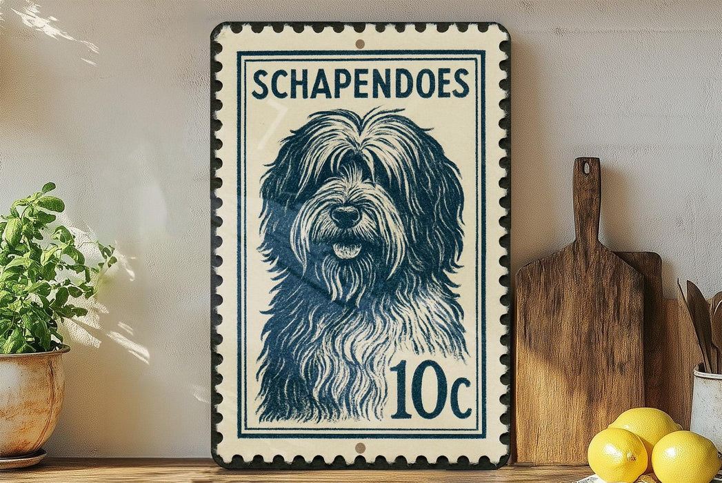 A blue and white postage stamp featuring a dog's portrait is displayed on a shelf next to kitchen utensils and a potted plant.