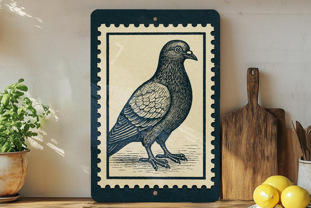 a framed illustration of a pigeon on a wooden surface, with a potted plant and a wooden cutting board visible in the background.
