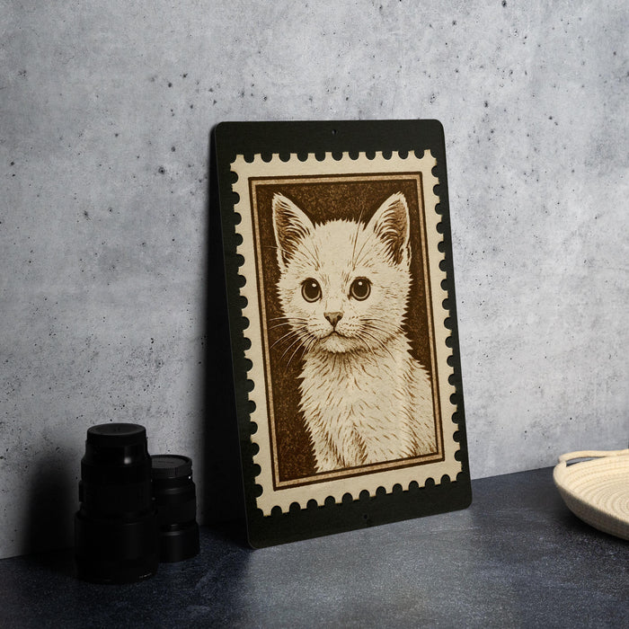 A framed image of a cat is displayed on a black surface, with a stack of black camera lenses and a white dish visible to the right.