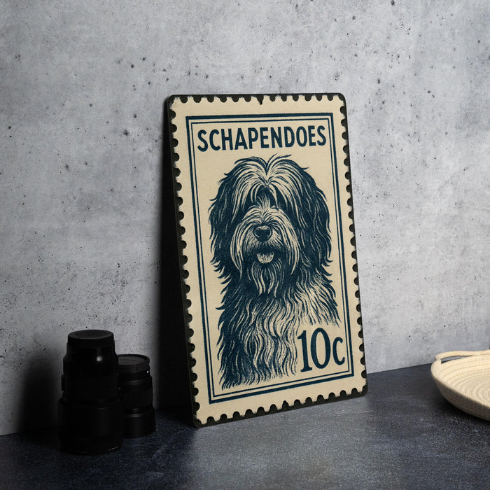 A 10c postage stamp featuring a dog illustration is displayed on a table.