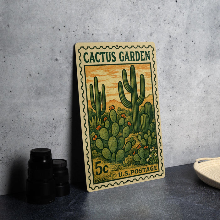 A 5c postage stamp from the Cactus Garden, featuring an illustration of cacti and flowers, is displayed on a table.