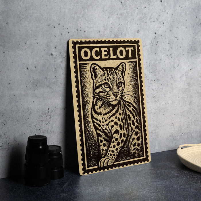 a wooden stamp with a cat illustration on it, placed on a table next to some black camera lenses.