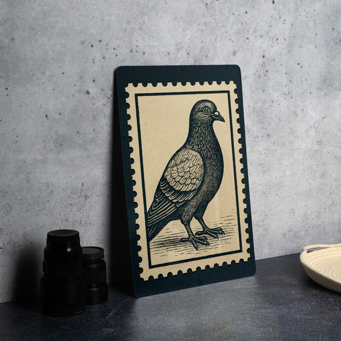 a framed illustration of a pigeon on a black background, placed on a table next to some black camera lenses.