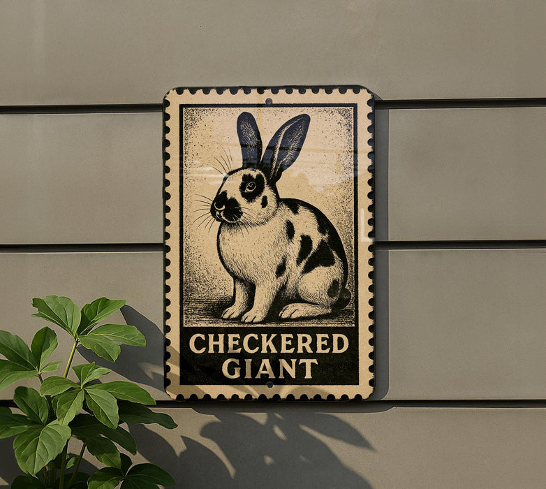 A sign featuring a cartoon rabbit with large ears, mounted on a wall next to a plant.