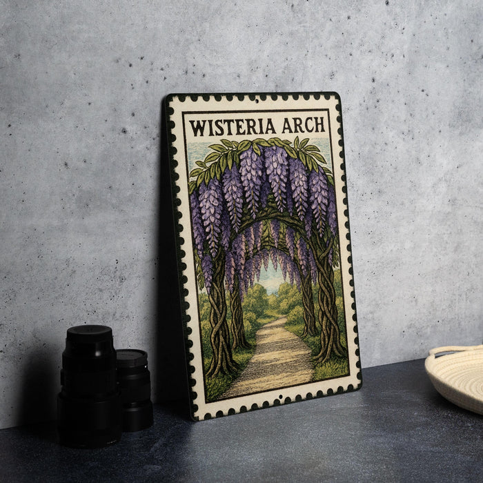 A framed illustration of a wisteria arch is displayed on a table, with a plate and a stack of black camera lenses to the left.