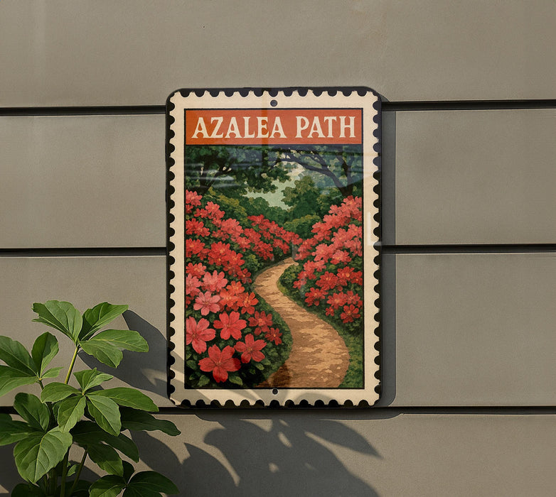 A framed image of a garden path with red flowers is mounted on a wall, with a plant visible to the left.