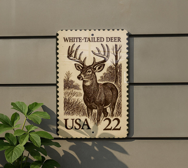 A white-tailed deer stamp with the text "WHITE-TAILED DEER" and "USA 22" printed on it, mounted on a wall next to a plant.