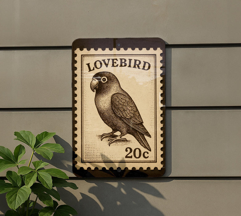 A postage stamp-like sign featuring a parrot, mounted on a wall next to a plant.