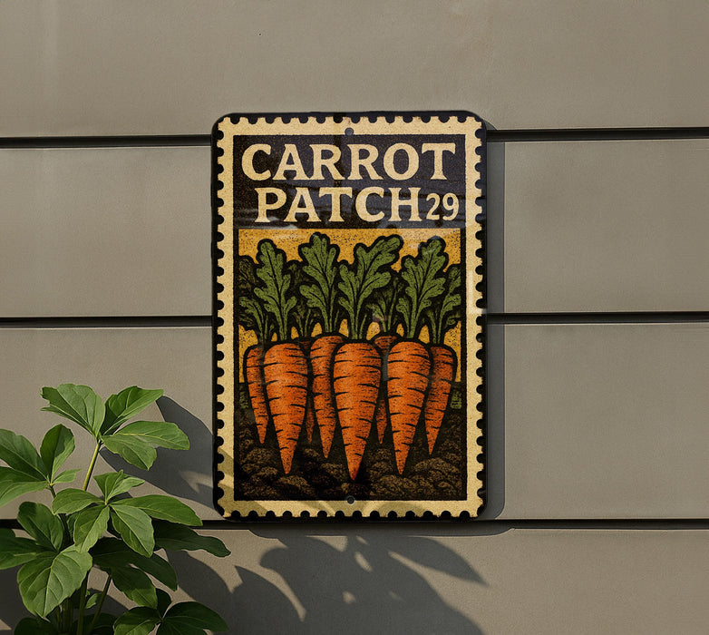 A metal sign with a stamp-like design, featuring a group of carrots and the text "CARROT PATCH 29" on a gray wall.