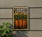 A metal sign with a stamp-like design, featuring a group of carrots and the text "CARROT PATCH 29" on a gray wall.