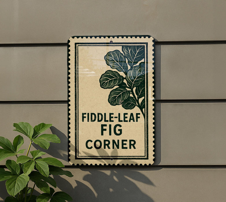 a sign with the text "Fiddle-leaf Fig Corner" on a wall, accompanied by a plant with green leaves.