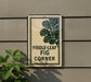 a sign with the text "Fiddle-leaf Fig Corner" on a wall, accompanied by a plant with green leaves.