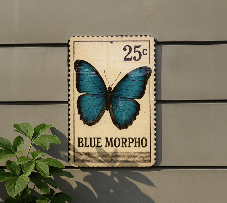 A 25c postage stamp featuring a blue butterfly, with the text "BLUE MORPHO" below it.