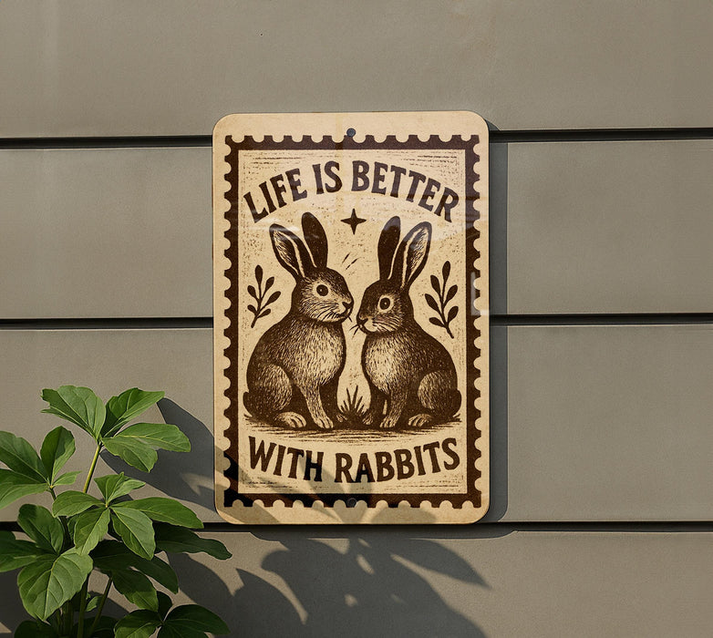 a sign with the text "Life is better with rabbits" and an illustration of two rabbits.