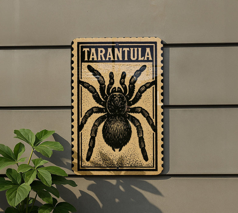 a sign with a large illustration of a tarantula on it, mounted on a wall.
