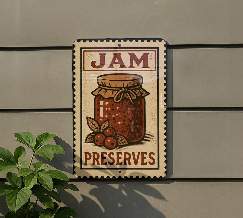A vintage-style metal sign with the text "JAM PRESERVES" and an illustration of a jar of jam, mounted on a wall next to a plant.
